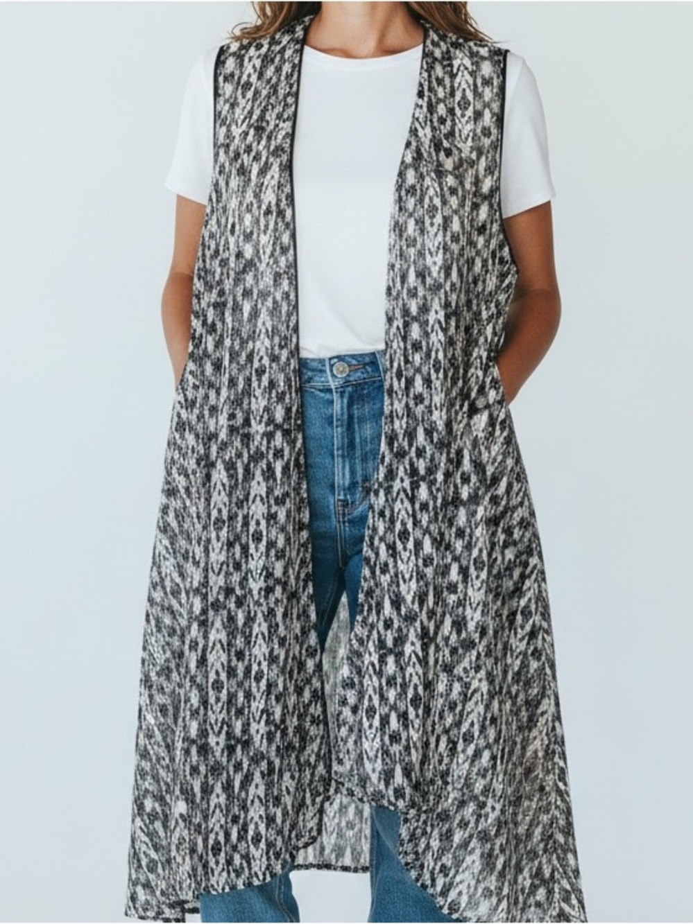 NEW• Noir Collection Black and White Joy Longline Airy Boho Chic Vest•L